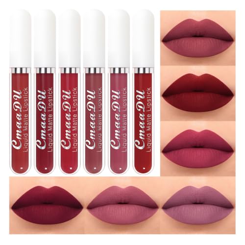 Image of evpct 6Pcs Lipstick Matte Liquid Lipstick Lipgloss Set for Women, Dark Plum Wine Rose Mauve Red Nude Pink labiales mate 24 horas originales matte larga duracion 24 Hour Lipstick A-02