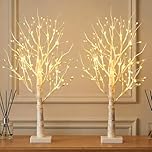 Set of 2 Small Pre Lit Christmas Tree 2ft -144 LED Small Lights each - Christmas Table Decorations, Mantlepiece, Window Sill Lighting Decor - White Twig Tree with Bauble Ornaments