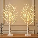 Set of 2 Small Pre Lit Christmas Tree 2ft -144 LED Small Lights each - Christmas Table Decorations, Mantlepiece, Window Sill Lighting Decor - White Twig Tree with Bauble Ornaments