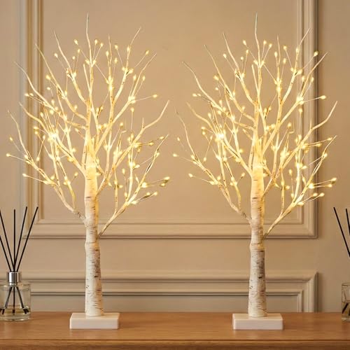 Set of 2 Small Pre Lit Christmas Tree 2ft -144 LED Small Lights each - Christmas Table Decorations, Mantlepiece, Window Sill Lighting Decor - White Twig Tree with Bauble Ornaments