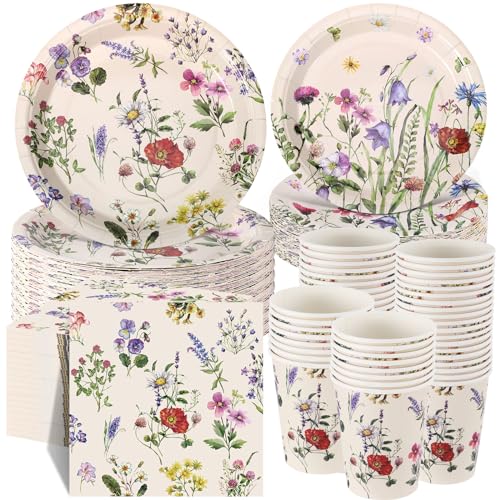 Ziliny 250 Pcs Floral Disposable Tableware Set Spring Floral Paper Cups Plates and Napkins Wildflower Baby Shower Decorations for 50 Guest(Multicolor,Rustic Style)