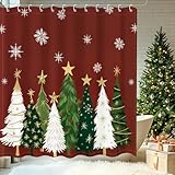 Moutina Merry Christmas Shower Curtain, Christmas Tree Snowflake Xmas New Year Holiday Winter Decor Red Bathroom Curtain Set - 72x72 Inch Waterproof Polyester Fabric with Hooks