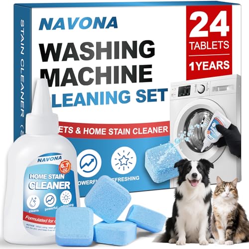 Navona 24 Pack Washing Machine Cleaner Tablets, Washer Cleaner Tablets Pro Set with Stain Remover Gel, Deep Cleaning for Odor, Limescale & Pet Hair, Works for Front Load & Top Load Washers