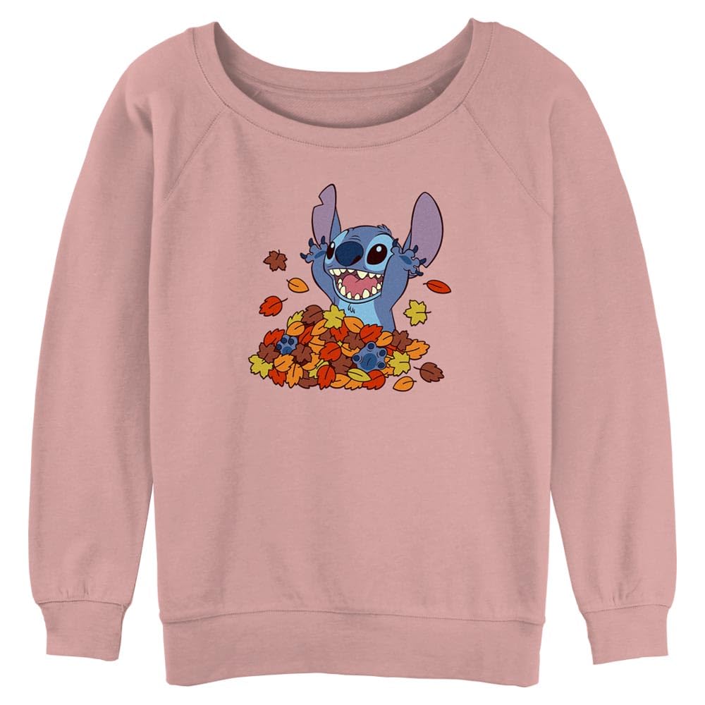Disney womens Disney Lilo Stitch Leaf Pile Juniors Raglan Pullover With Coverstitch
