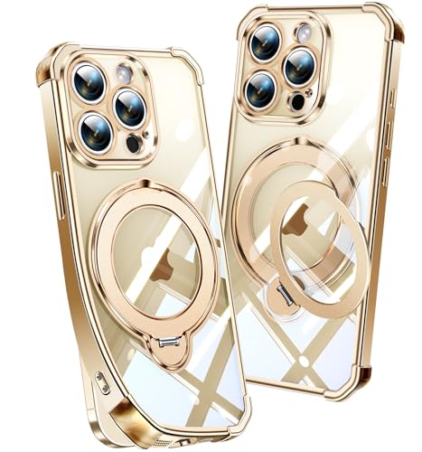 Image of Soft Case for iPhone 15 Pro with 360 Rotating Magnetic Stand, Compatible with Mag-Safe, 4X MIL-Drop Protection, Lightweight Glossy Anti-Yellowing Clear Back Phone Cover for iPhone 15 Pro 6.1 inch, Gold