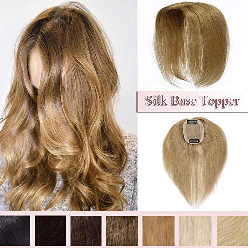 100% Real Human Hair Silk Base Top Hairpiece Clip in Hair Topper for Women Crown in Hand-made Toppee Middle Part with Thinning Hair Loss Hair #27 Dark Blonde 14''23g