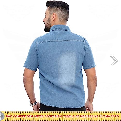 Camisa Jeans Masculina Manga Curta com 2 Bolsos - EWF Jeans - Azul Claro (BR, Alfa, G, Regular)