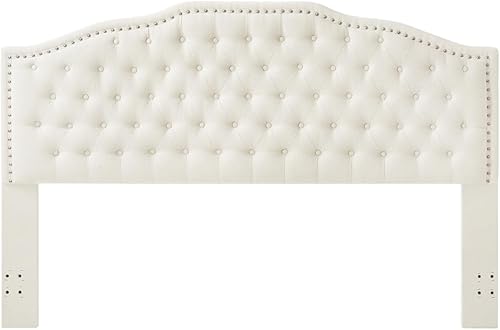 Miniatura 9 de 24KF Cabecera capitonada tapizada con botones y ribete de cabeza de clavos, cabecera de tela de terciopelo suave, tamaño QueenMatrimonial, color