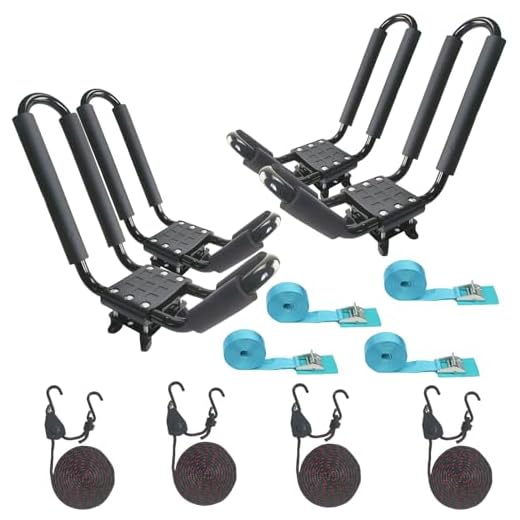 2 Pairs Heavy Duty Kayak Rack-Includes 4 Pcs Ratchet Tie-Mount on Car Roof Top Crossbar-Easy to Carry Kayak Canoe Boat Surf Ski (J-Bar Rack)