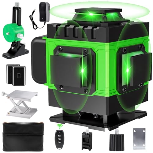 Laser Level Self Leveling 4 x 360°, 4D 16 Lines Green Laser Spirit Level with 2 * 2400mAh Batteries, Lazer Tool with Adjustable Brightness Pulse Mode, Lifting Platform Wall Bracket Remote Control
