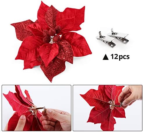 Christmas Glittery Flower Ornaments 23CM Red Artificial Poinsettia Large Glitter Decorations for Christmas Tree Wreaths, 10 Pcs