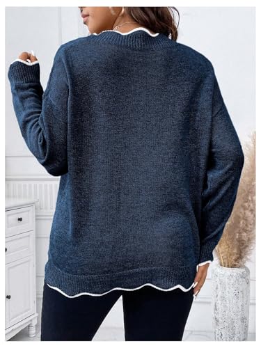 Image of MakeMeChic Women's Plus Size Scalloped Trim Cozy Sweater Cute Pullover | V Neck, Long Sleeve, Oversized, Comfy, Light, Fall Sweaters