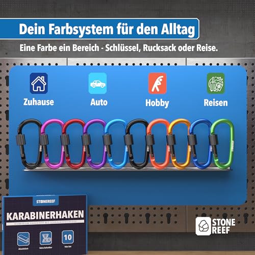 STONE REEF 10er-Pack Mini Karabinerhaken (75 x 42 mm) - Aluminium Karabiner Klein mit Schnappverschluss - Vielseitig einsetzbar für Camping, Reisen, Wandern, Rucksack & Schlüsselanhänger