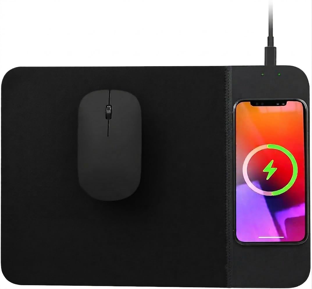 INOVERA (LABEL) Mouse Pad with Wireless Charging - Anti-Slip Rubber Base, Waterproof Gaming, Office Mousepad - Fast Qi Wireless Charger for iPhone/Samsung (Black)