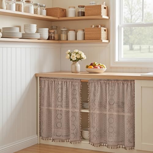 Image of MYSKY HOME Lace Tier Curtains 30 Inch Length 2 Panels Kitchen Cafe Sheer Short Boho Half Country Rod Pocket Curtains for Small Windows Basement Bathroom, 34 inch Wide Each Panel, Brown