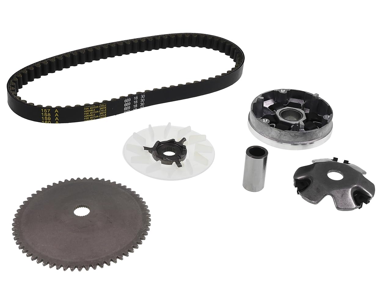 Variomatik Set GY6 50ccm 4-Takt – inkl. Riemenscheibe Keilriemen Variogewichte Lüfterrad – für Baotian Rex Benzhou Flex-Tech Explorer ATU – 10 Zoll Motor – 669x18x30