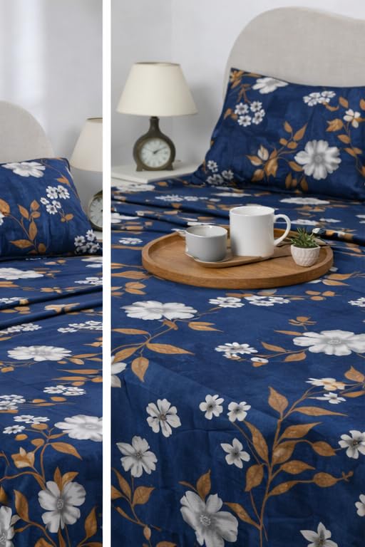Image of BSB HOME 2 Bedsheet Combo Set with 4 Pillow Covers - Premium Cotton Glace Cotton Microfiber Printed Double Bedsheets, 2 Elegant Colors, Soft Breathable Luxury Bedding Set - Dark Blue and Pink