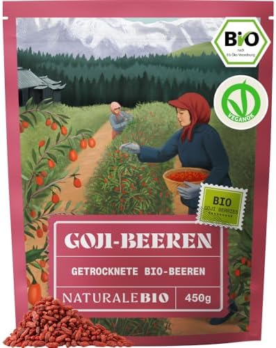 NaturaleBio Bio Goji Beeren Getrocknet Superfrucht Snack | 450 g. Getrocknete Goji-Beeren, ballaststoffreich, für Smoothies, Frühstücksbowls, Backen und zum Snacken.