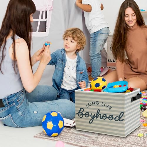 Image of Long Live Boyhood Boys Storage Bins Box with Handles, Light Blue Striped Collapsible Basket Organizer for Kids Boy Nursery Room Bedroom Bathroom Playroom Books Clothes
