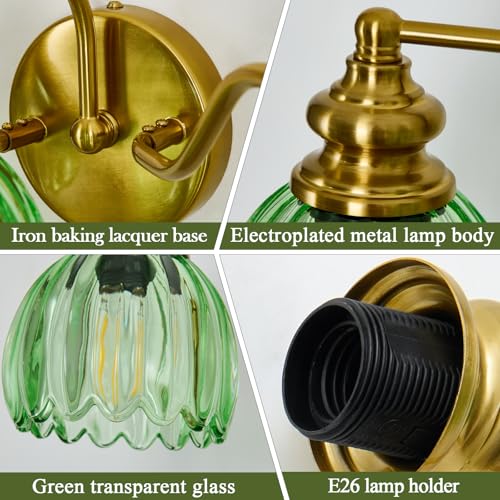 Image of Piepooye Vintage Bathroom Light Fixtures Gold Vanity Light with Green Glass LampShade 3 Lights E26 Bulb Wall Sconce Indoor Vanity Light Over Mirror for Bedroom Kitchen Farmhouse Living Room