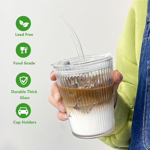 Image of KELVEE Glass Water Tumbler with Lid and Straw Pack of 1 400ML Reusable Travel Coffee Sipper Mug Clear Drinking Cup for Juice, Iced Tea Adults & Girls (Stripe)
