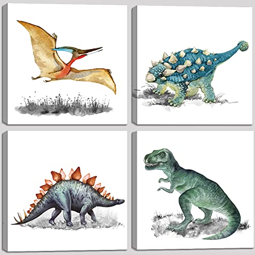 Dinosaur Wall Art Watercolor Dinosaurs Pictures Framed Dino Canvas Print, Christmas Gift For Boys Girls Kids Bedroom Nursery Room Wall Decorations 4 Pieces, Tyrannosaurus Rex, Pterosaur, Stegosaur，Ankylosaurus, Ready To Hang #TOP6