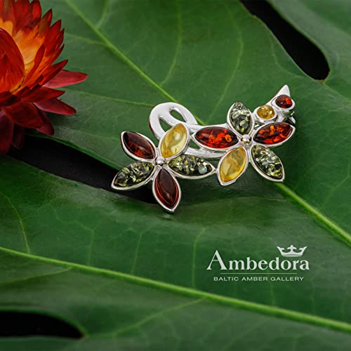 Image of Women's Brooch Colourful Flowers III with Amber, Polished Sterling Silver, Baltic Natural Amber in Three Colours, A Gift for Any Occasion