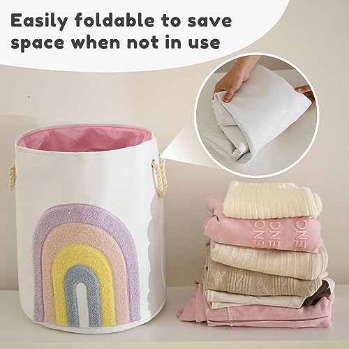 Image of Pink Baby Hamper, XL Canvas 58L Laundry Basket with Drawstring Closure, Boho Rainbow Decor