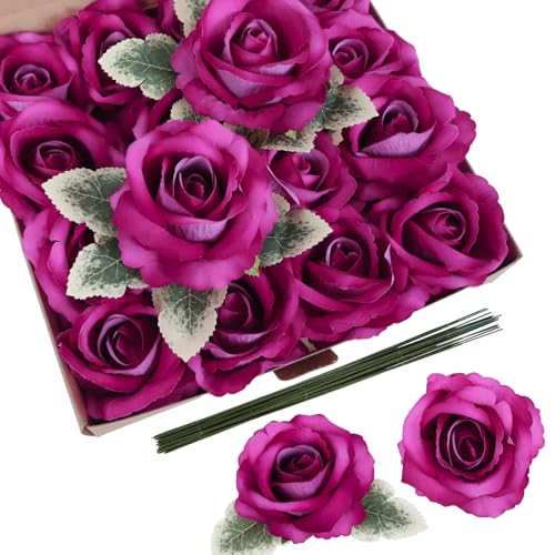IPOPU 16pcs Purple Velvet Rose Artificial Flowers 3.93