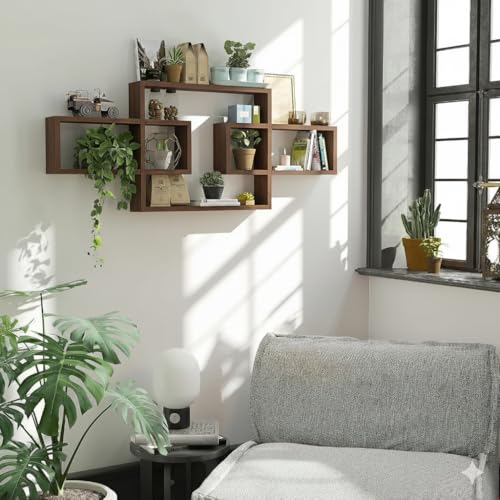 Image of Wooden Wall Shelves for Living Room, Bedroom Wall Mounted Rectangle Bookcase, Intersecting Wall Shelves for Storage Modern Decorative Display Shelves for Wall Decor (Brown)