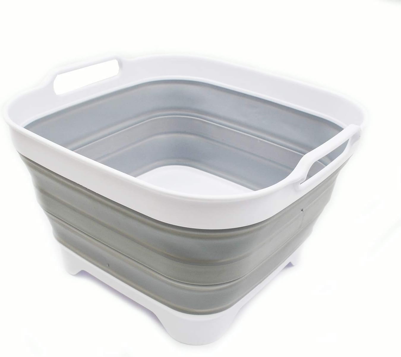 10L (2.64 gallon) Collapsible Dishpan with Draining Plug - Foldable Washing Basin - Portable Dish Washing Tub - Space Saving Kitchen Storage Tray (1, White/Grey)