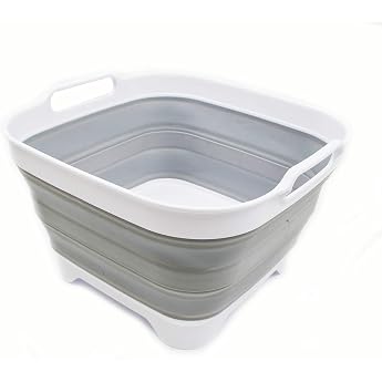 SAMMART 10 L Folding Plastic Bowl with Drain Plug Foldable Sink Portable Dishwasher Tray Space-Saving Kitchen Storage Compartment White/Grey 1