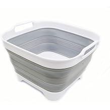 SAMMART 10L 2.64 gallon Collapsible Dishpan with Draining Plug - Foldable Washing Basin - Portable Dish Washing Tub - Space Saving Kitchen Storage Tray 1, White/Grey