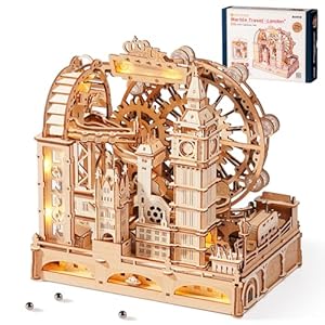 ROKR Marble Travel London EGB01 3D Wooden Puzzle for Adults Marble Run Model Kit with LED London Eye Big Ben Tower Bridge Craft Kits Home Desk Decoration Puzzle Gifts for Women Men