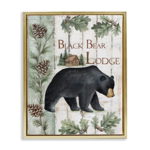 'Black Bear Lodge Rustic Cabin Botanicals Sign'| Floating Frame Canvas Art