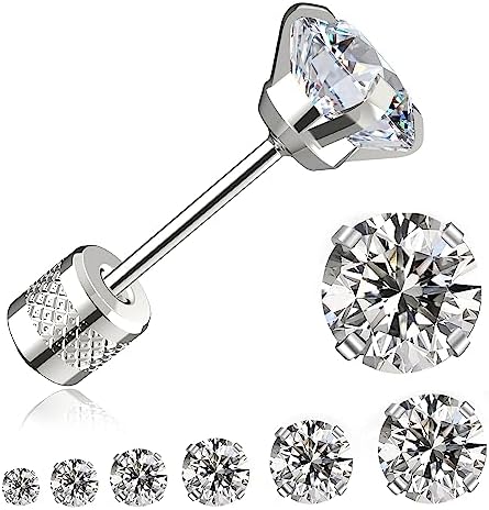 Threadless Flat Back Stud Earrings, 6 Pairs Titanium Hypoallergenic Earrings for Women Men, Cubic Zirconia Silver Gold Stud Earrings Surgical Stainless Steel Stud Earrings Set for Cartilage 2-8mm