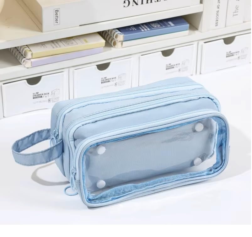 Image of U & U UNIQUE UTILITIES Pencil Pouch for Girls Aesthetic | Large Capacity Pencil Case with Detachable Front Pocket | Cute Pouches for School Girls | Pouch for Stationery (Blue)