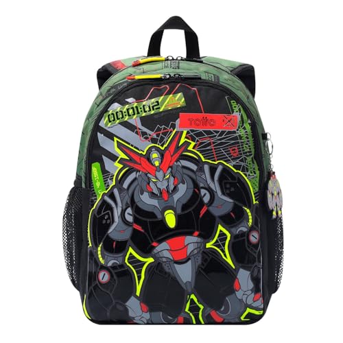 TOTTO - Mochila Infantil, Modelo Argon M, Mochila Mediana, Capacidad 12 L, 2 Compartimentos, 2 Bolsillos para Botella, Organizador Interno, Correas Acolchadas, Resistente y Duradera, Color Verde