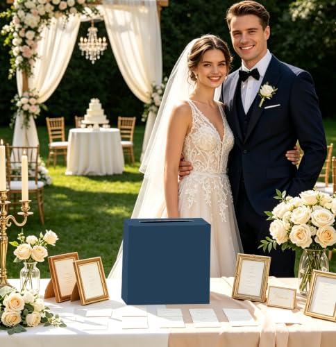 Image of SietDESEO Navy Blue Card Box for Graduation Large Cardboard Gift Card Box Holder for Wedding Reception Birthday Graduation Baby Shower Raffle Ticket Box with Slot