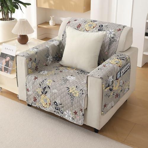 Image of HOKIPO 'VivaCasa Series' Polyester 1 Seater Quilted Sofa Cover with Pockets, Floral Ash Grey (NEW-IN-737-D3)