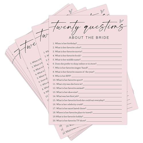 Tsunerrorami Bridal Shower Games, Twenty Questions About The Bride, 25Pcs Minimalist Blush Pink Bridal Game Cards, Wedding Shower Games for Guests, Engagement Bachelorette Party Supplies