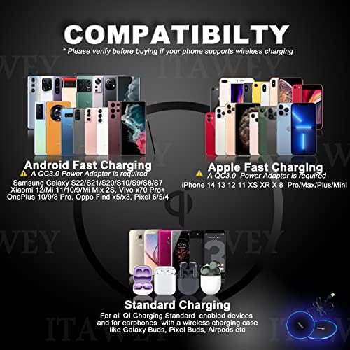 ITAWEY 15W Fast Wireless Charger Compatible with iPhone 14 13 12 11 XS XR X 8, Samsung Galaxy S22 S21 S20 S10 S9 S8 S7 and for All QI Wireless Charging Enabled Android Phones and Earphones - Black