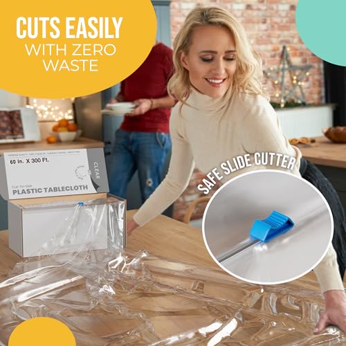Image of Party Solids 60 Inch X 300 Feet Clear Plastic Table Cover Roll in A Cut - to - Size Box with Convenient Slide Cutter. Cuts Up to 36 Rectangle 8 Feet Plastic Disposable Tablecloths