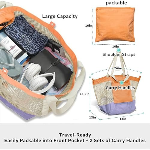 Large Mesh Beach Bag, Large Capacity Travel Storage Bag with Pockets, Portable, Easy To Shake Off Sand3