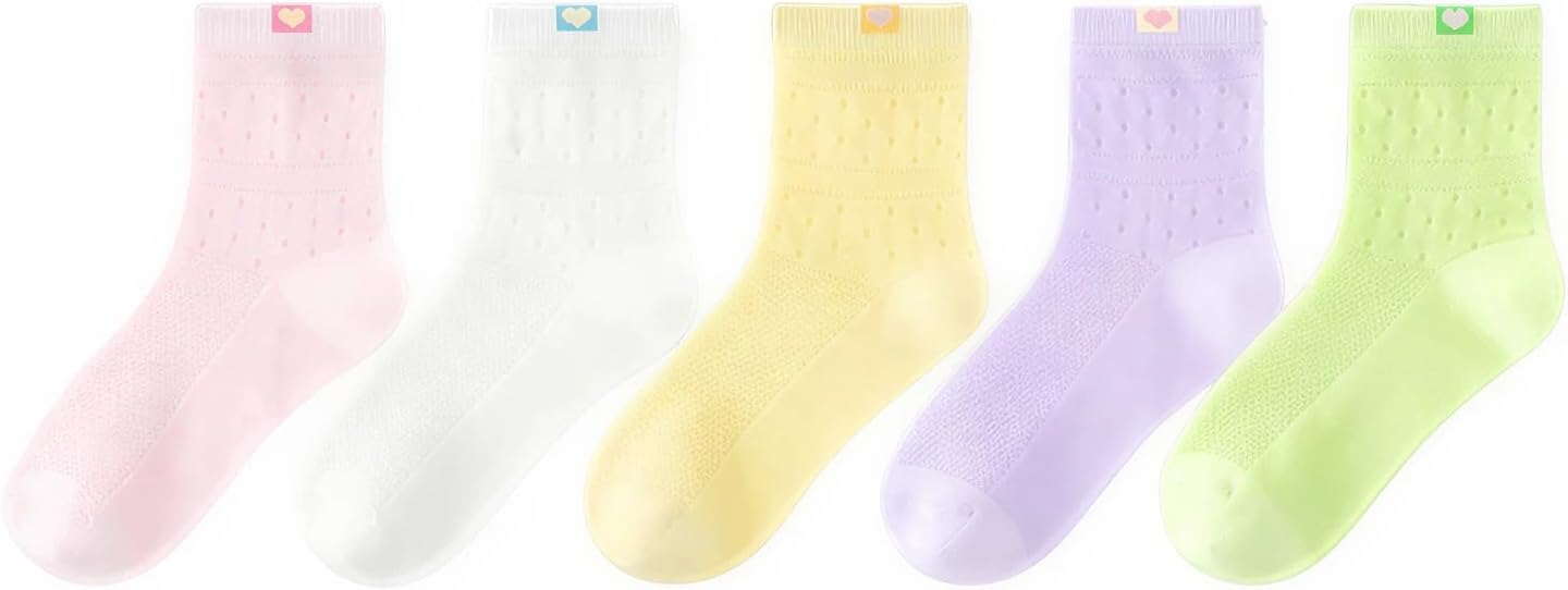 Toddler Girls Socks Fun Socks Pink White Yellow Purple Green Blue Kids Mesh Socks 5 Pairs 3-12 Years Summer