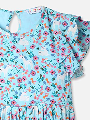 Image of UrbanMark Junior Girls Rayon Floral Printed Cap Sleeves Dress with Stylised Ruffles -Light Blue