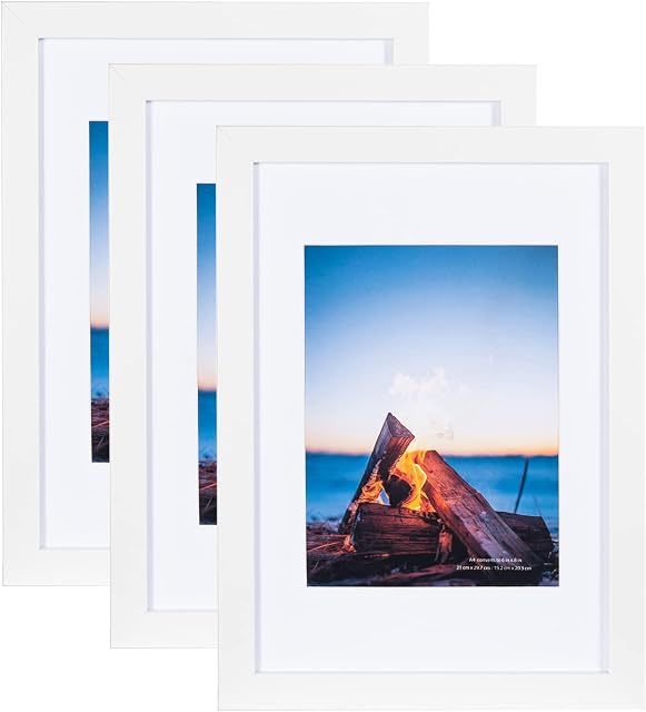 White Wooden Picture Frame A4 with White Mount,Set of 3,A4 Frame,A4 Picture Frame,A4 Poster Frame,A4 certificate frame,Freestanding and Wall Mountable
