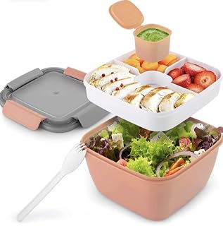 Salad Container Lunch Box Bento Box for Adults Kids with 3 Compartments, Dressing Tub, 1100ml Leak Proof Salad Bowl, Spork Included, Microwave & Dishwasher Safe, Ideal for School/Work, BPA-Free (Pink)
