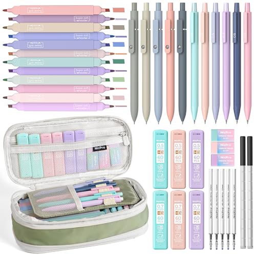 Nicpro 39 PCS Aesthetic School Supplies with Cute Pencil Case, 12 Color Pastel Highlighters, 5 Quick Dry Retractable Black Ink Pens, 6 Pastel Mechanical Pencil 0.5 & 0.7 mm for Student Stationary
