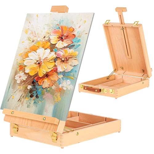 LUCYCAZ Tabletop Easel for Painting, Adjustable Wooden Sketchbox Desktop Easel, Portable Art Painting Easel for Adult, Student, Artist, Beginner